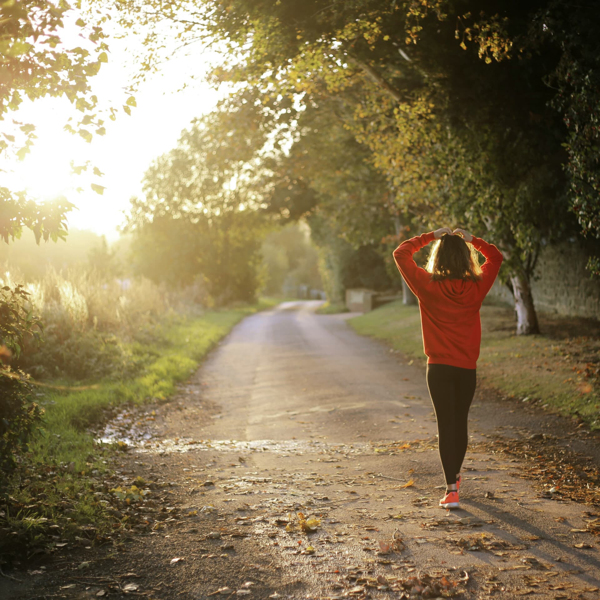 Kvinna promenerar i skogen Kvinna promenerar i skogen