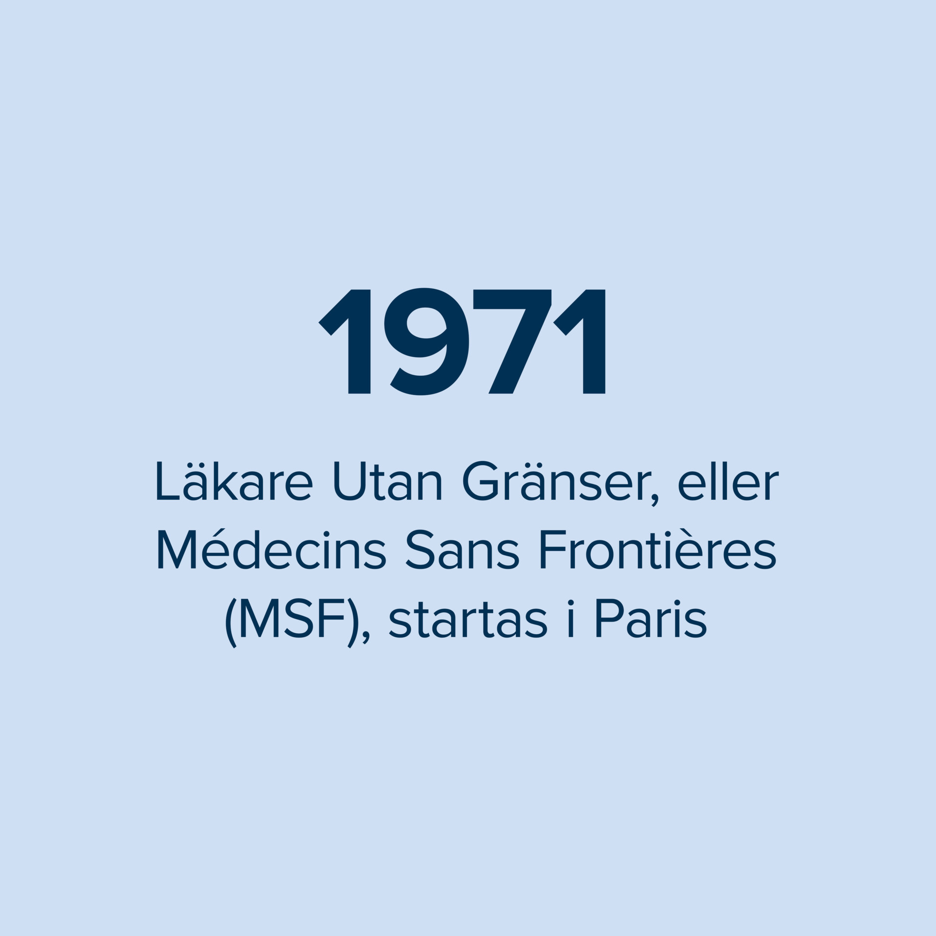 1971 Läkare Utan Gränser, eller Médecins Sans Frontières (MSF), startas i Paris